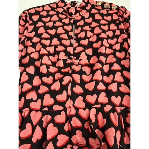 Rebecca Vallance Hotel Beau Frill Midi Dress Heart Print Long Sleeve Pink Size 4
